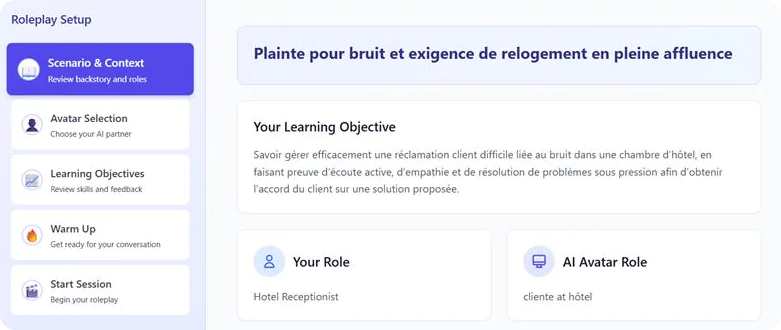 Capture d'écran d'une interface de configuration de jeu de rôle en français, présentant les options de scénario et de contexte. Le scénario porte sur une plainte pour nuisance sonore et une demande de changement de chambre pendant la haute saison hôtelière. Les rôles comprennent celui de réceptionniste d'hôtel et celui de client.