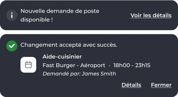 Interface de notification en français indiquant une nouvelle demande de mission et une modification acceptée avec succès concernant un service d'aide-cuisinier chez Fast Burger, Aéroport, de 18 h 00 à 23 h 15, demandée par James Smith.