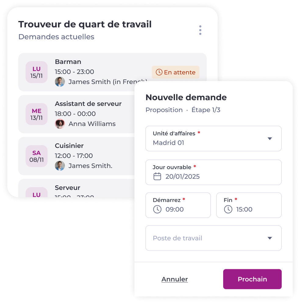 Une application de gestion des plannings en français affiche, à gauche, les détails des plannings et, à droite, un formulaire permettant de soumettre une nouvelle demande de planning, avec notamment l'unité opérationnelle, la date et les heures de début et de fin.