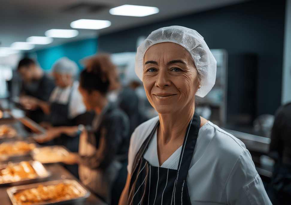Une femme portant un filet à cheveux et un tablier sourit dans la cuisine animée d'une cafétéria, tandis qu'en arrière-plan, d'autres membres du personnel préparent les repas.