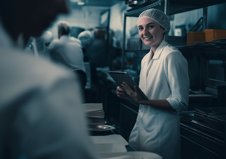 Une femme vêtue d'une blouse blanche et d'un filet à cheveux sourit, une tablette à la main, dans une cuisine professionnelle très animée, tandis que d'autres membres du personnel s'affairent en arrière-plan.