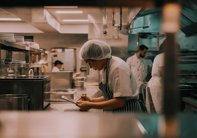 Un chef, coiffé d'un filet à cheveux et vêtu d'un tablier, prend des notes sur un bloc-notes dans une cuisine moderne et animée, tandis que d'autres chefs s'affairent en arrière-plan.