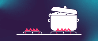 Une casserole dont le couvercle est légèrement entrouvert repose sur un feu de cuisinière, tandis qu'un autre feu est allumé à côté. L'arrière-plan présente un dégradé de bleu et de violet.