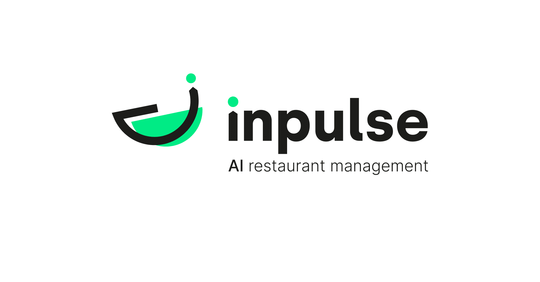 Logo pour la solution de gestion de restaurants « inpulse AI ». Le design représente un bol stylisé vert et noir orné de deux points verts, suivi du nom de la marque et du slogan sur fond blanc.