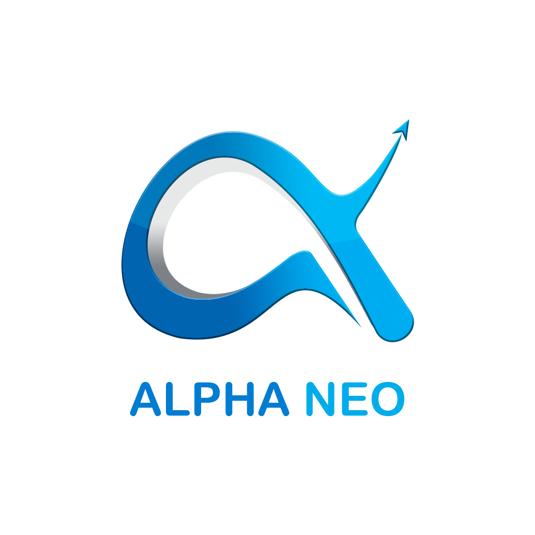 Un symbole « alpha » stylisé de couleur bleue, se terminant par une pointe de flèche, au-dessus des mots « ALPHA NEO » écrits en majuscules bleues sur un fond gris clair.