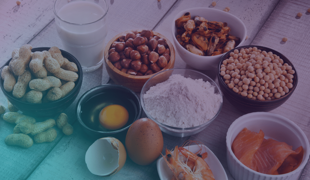 Des bols contenant des cacahuètes, des noisettes, des graines de soja, de la farine, des œufs, du lait, des crevettes, du saumon et des moules, posés sur une table en bois, représentant les allergènes alimentaires courants.