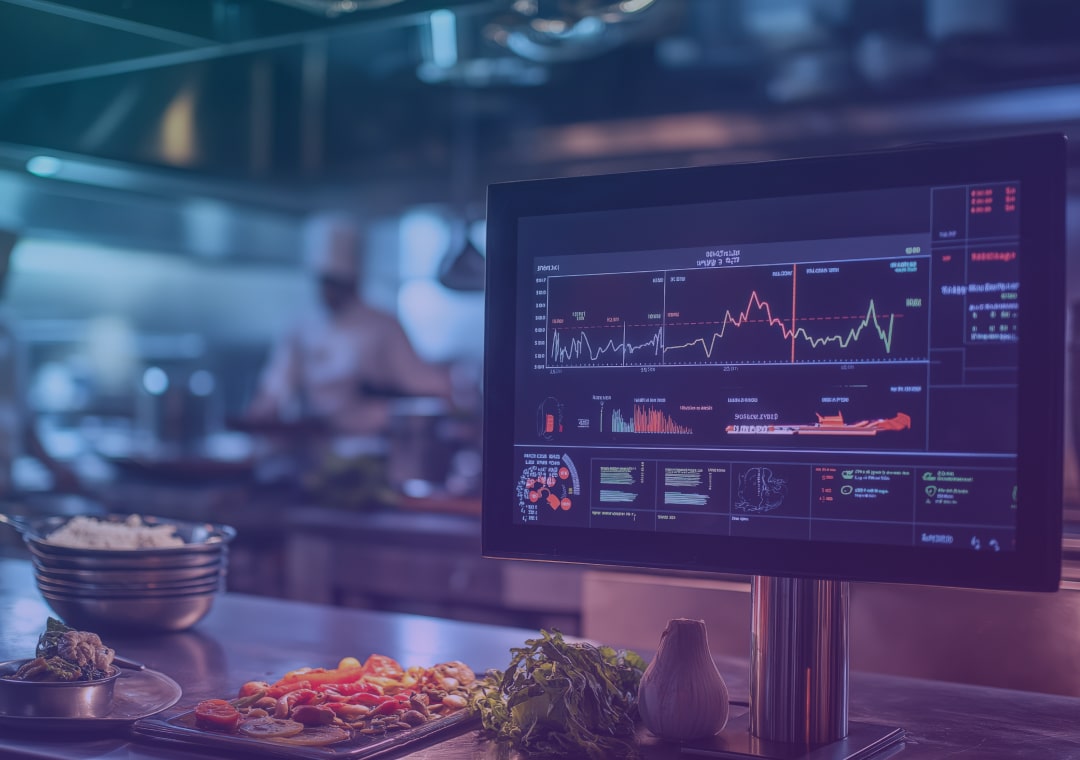 Un écran d'ordinateur affichant des graphiques de données est posé sur un plan de travail dans une cuisine professionnelle, avec en arrière-plan des légumes, des herbes aromatiques et des chefs en train de travailler.