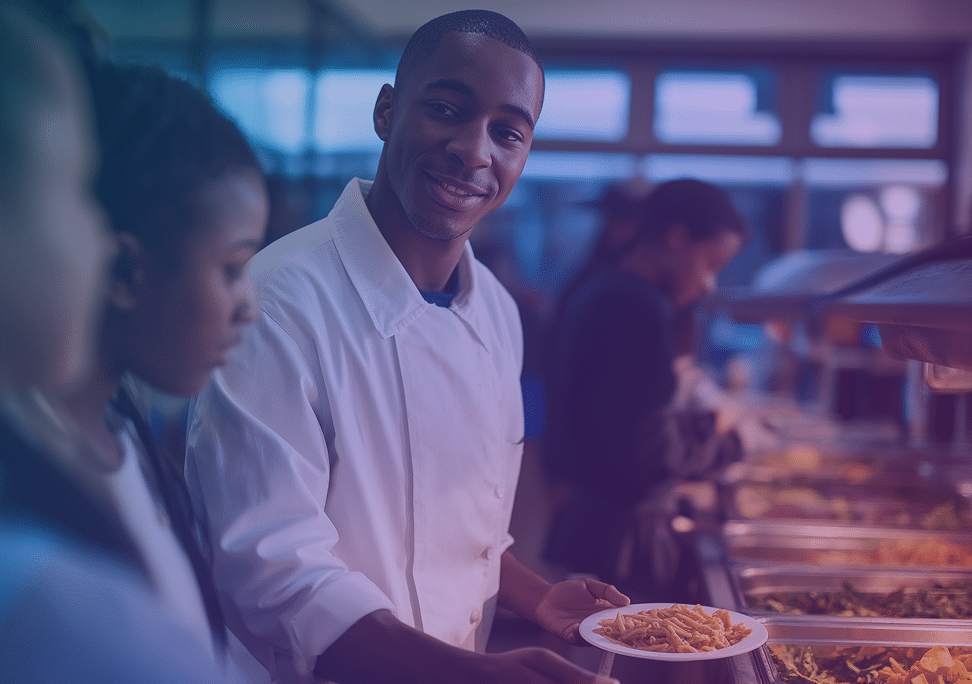 Un homme en uniforme blanc sert de la nourriture dans une assiette à la cantine, tout en souriant à une femme à côté de lui. On aperçoit d'autres personnes un peu plus loin le long du comptoir.