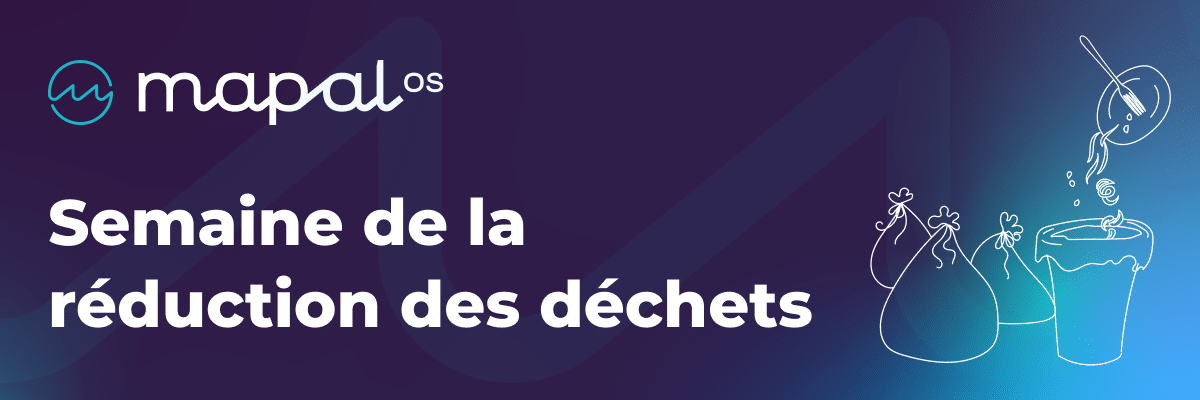Bannière comportant le texte « Semaine de la réduction des déchets » et des illustrations représentant des sacs poubelles, un seau de peinture et un bâtonnet pour remuer, le tout sur un fond bleu foncé.