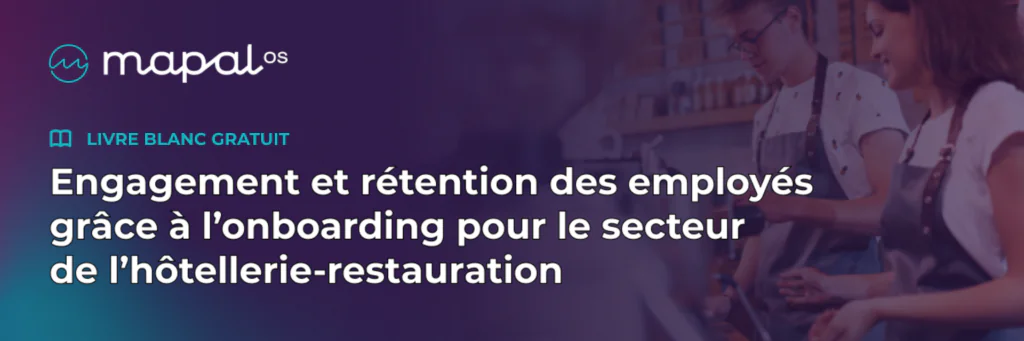 Une bannière comportant un texte faisant la promotion d'un livre blanc gratuit sur l'engagement et la fidélisation des employés dans le secteur de l'hôtellerie-restauration. À l'arrière-plan, deux personnes travaillent dans un restaurant ou un café.