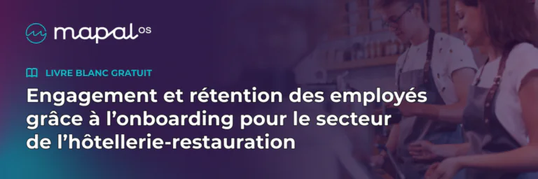 Une bannière comportant un texte faisant la promotion d'un livre blanc gratuit sur l'engagement et la fidélisation des employés dans le secteur de l'hôtellerie-restauration. À l'arrière-plan, deux personnes travaillent dans un restaurant ou un café.