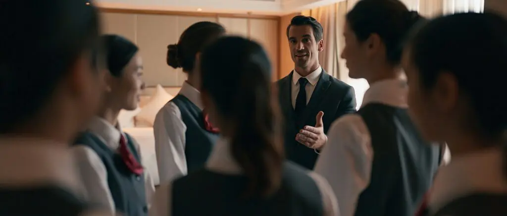 Un homme en costume sourit et s'adresse à un groupe de femmes en uniforme, probablement des employées d'hôtel, dans une pièce bien éclairée dotée de grandes fenêtres et décorée dans des tons beiges.