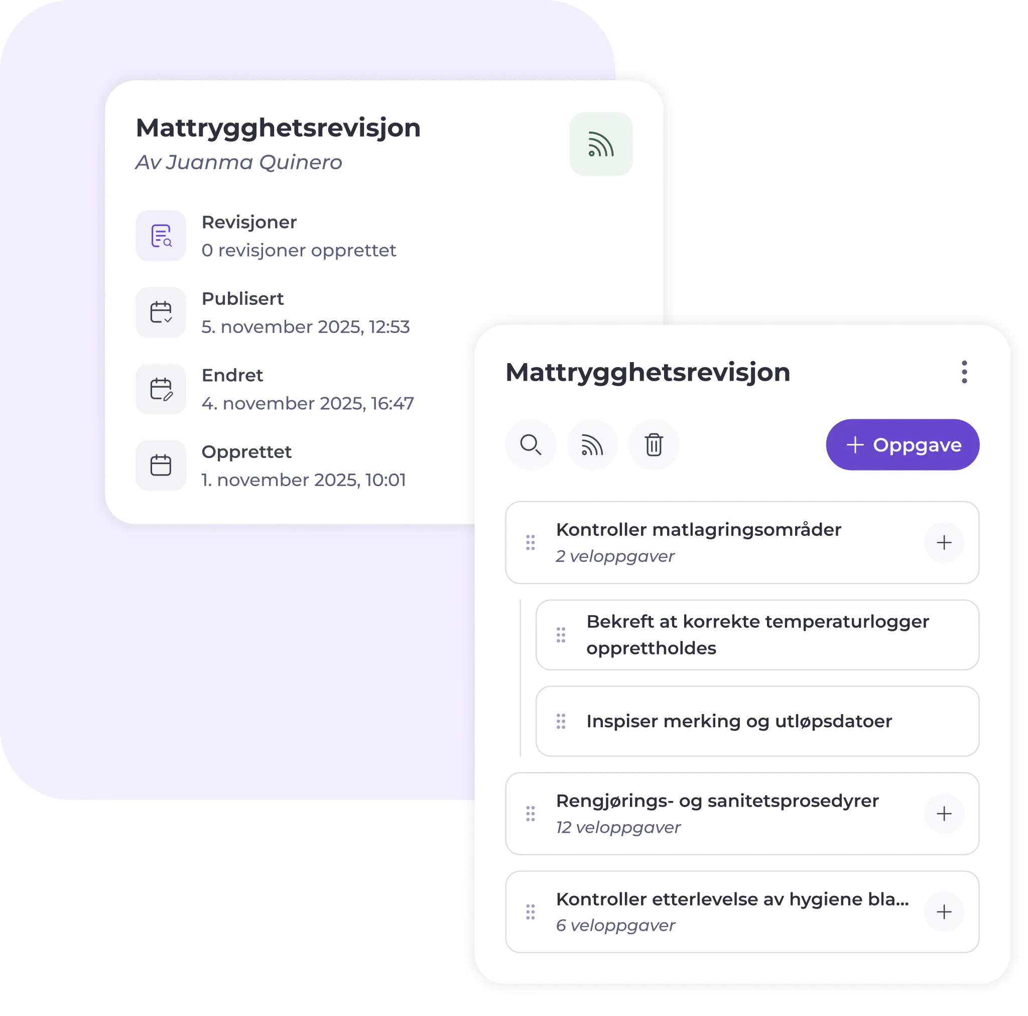 To vinduer som overlapper hverandre viser en app for mattrygghetsrevisjon på norsk, med opplysninger som datoer, oppretter og en sjekkliste over oppgaver, blant annet temperaturkontroll, merking, rengjøring og overholdelse av hygienekrav.
