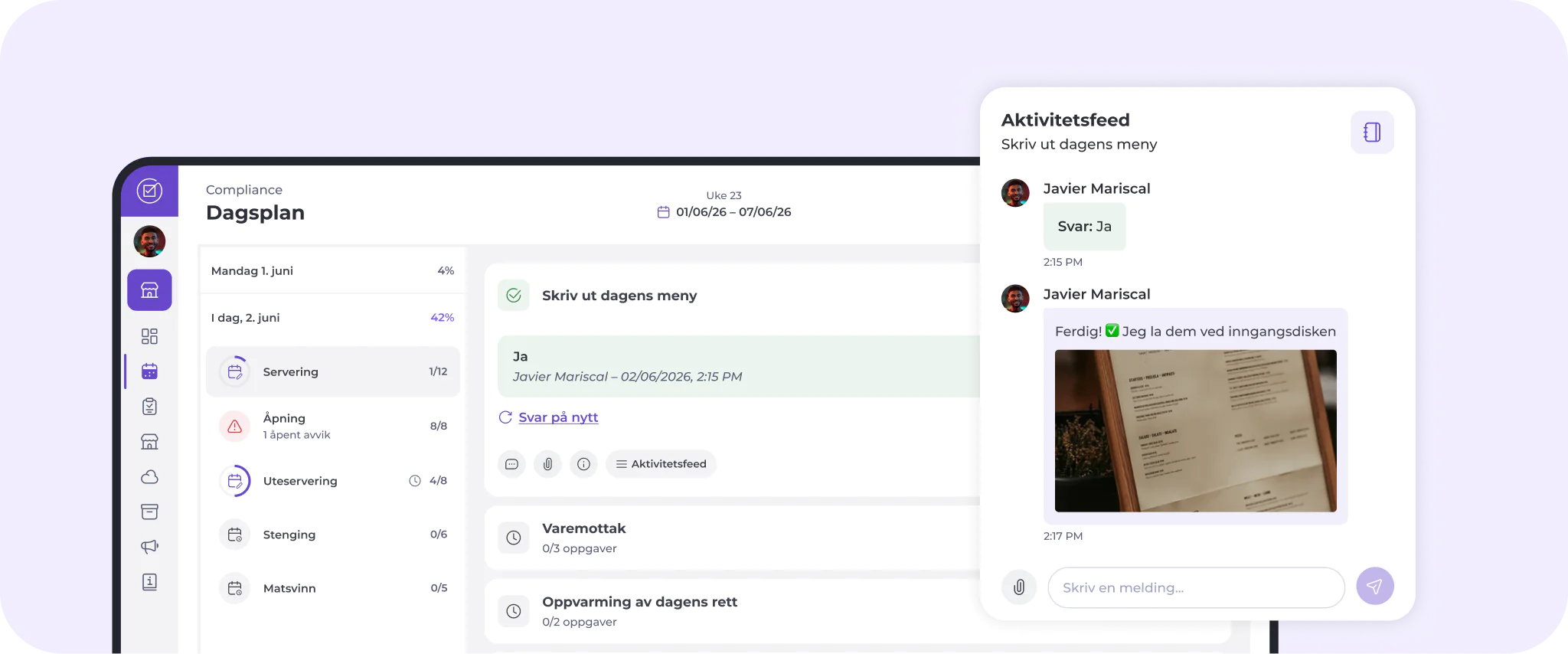 Et digitalt oversiktspanel viser en timeplan og et chatvindu. I chatten vises meldinger og et bilde av et dokument. Timeplanen viser oppgaver for mandag 5. juni og inneholder ikoner for samsvar og kommunikasjon.
