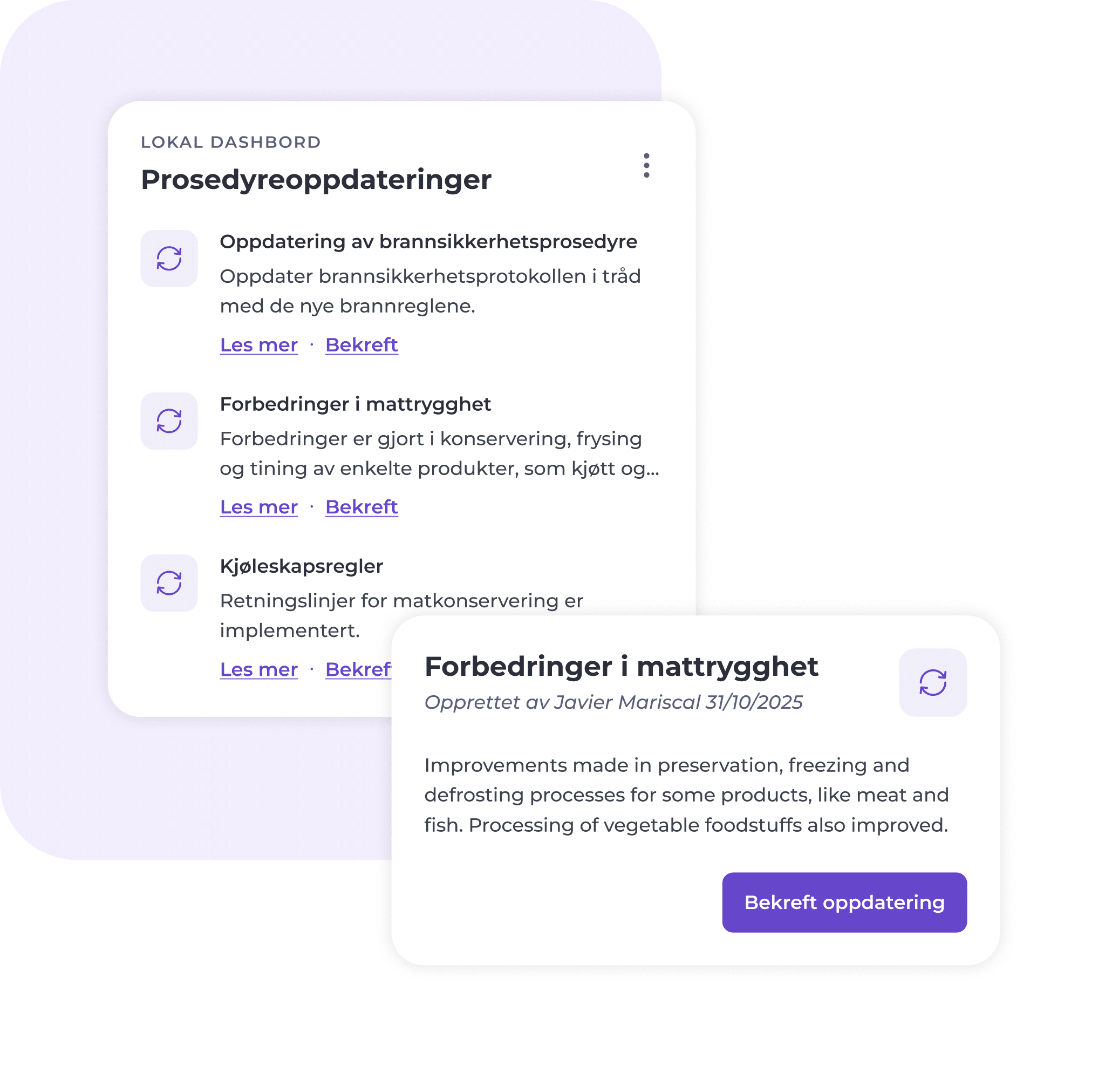 To kort som overlapper hverandre viser oppdateringer i den norske fremgangsmåten. Det øverste kortet fremhever «Forbedringer i mattrygghet» med en kort beskrivelse, dato og en blå «Bekreft oppdatering»-knapp.