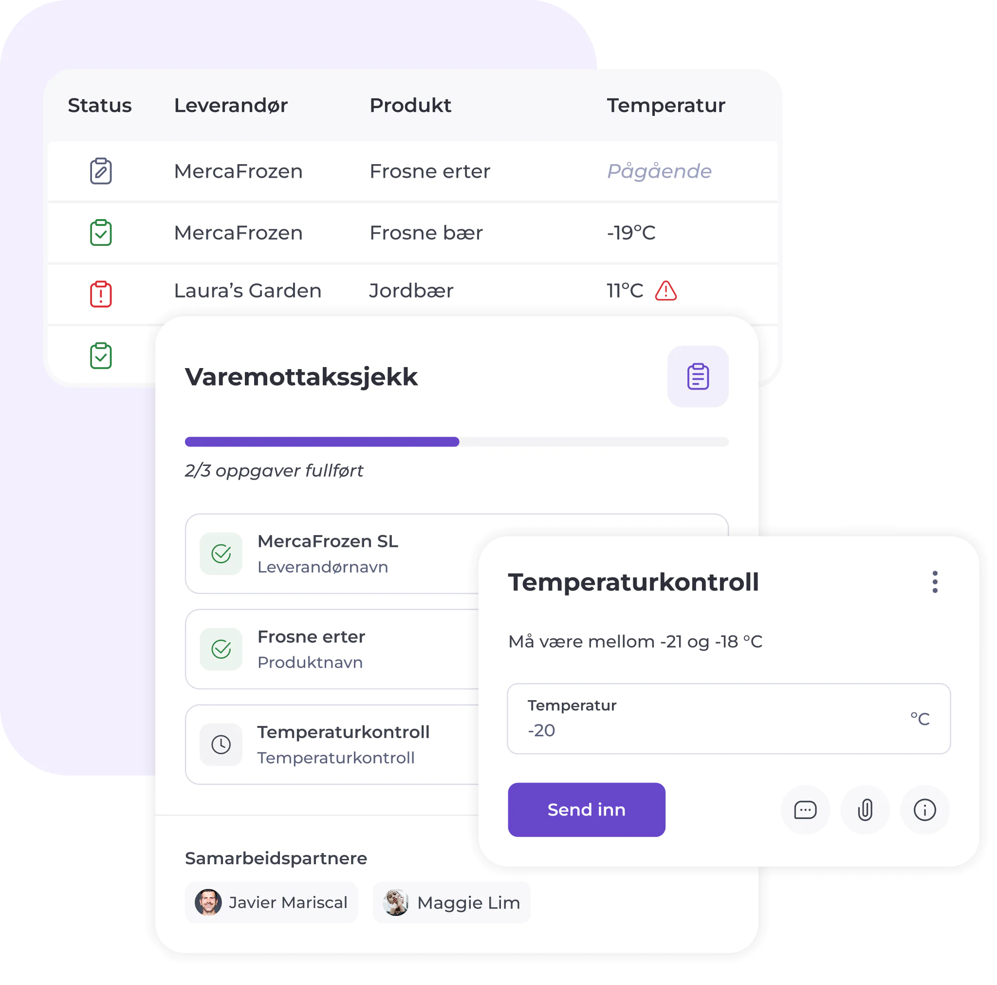 Et digitalt oversiktspanel på norsk som viser status på matvarelageret, produktdetaljer og temperaturlogger. Inkluderer ikoner, partnernavn og et skjema for temperaturregistrering, alt i et ryddig og moderne oppsett.