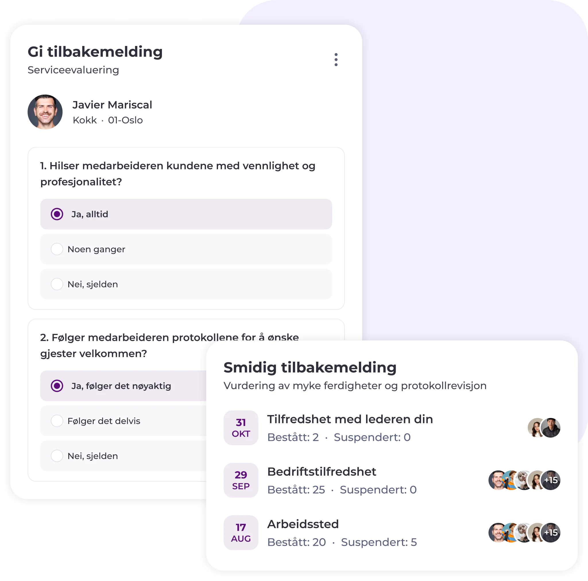 Et digitalt tilbakemeldingsskjema på norsk med profilikoner, vurderingsspørsmål om profesjonalitet i tjenesten og en oversikt som viser poengsum for «Tilfredshet», «Bedriftstilfredshet» og «Arbeidssted».