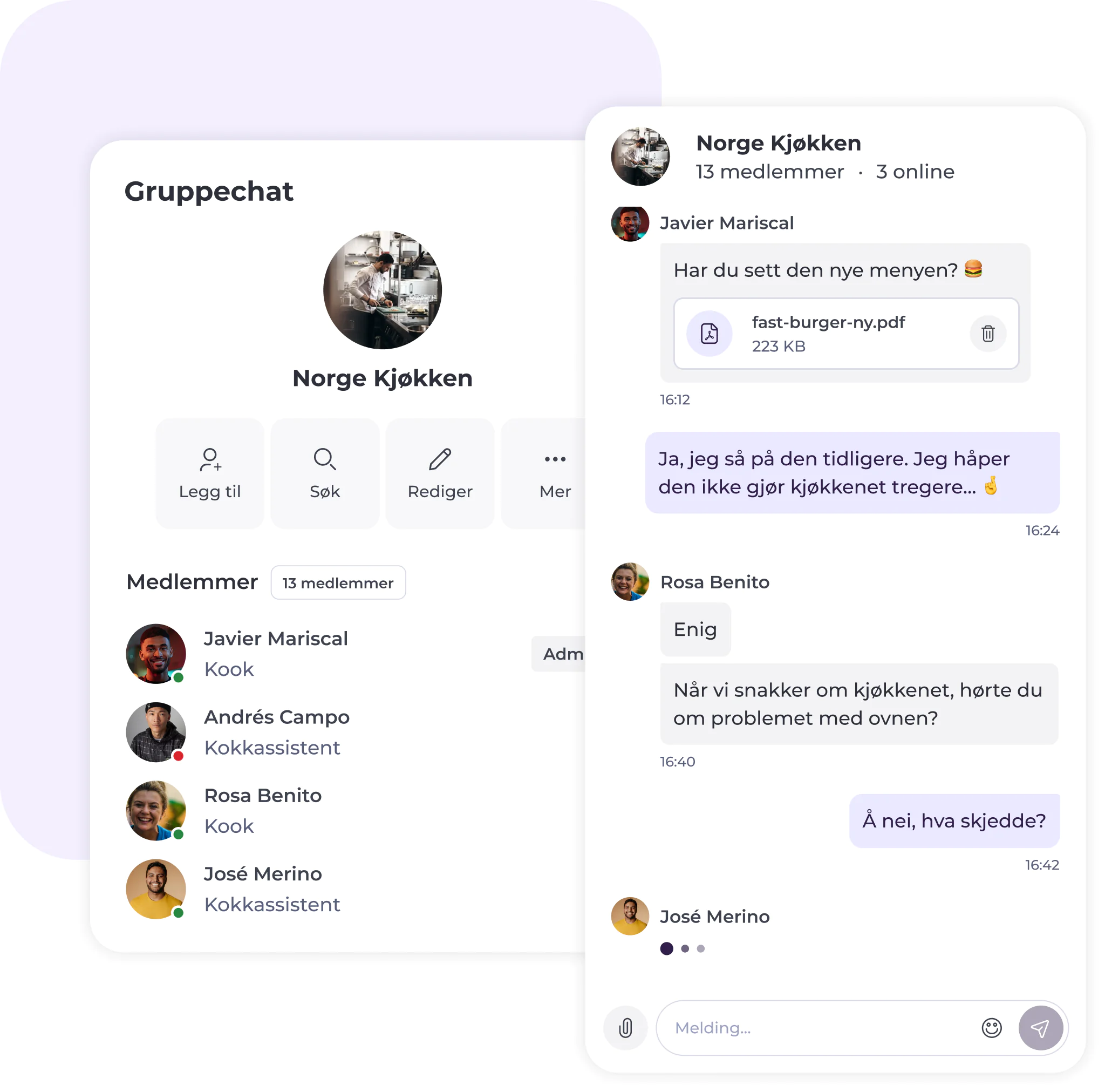 Et grensesnitt for en gruppechat på norsk, som viser gruppedetaljer til venstre og en chat-samtale med meldinger, brukerikoner og et PDF-vedlegg til høyre.