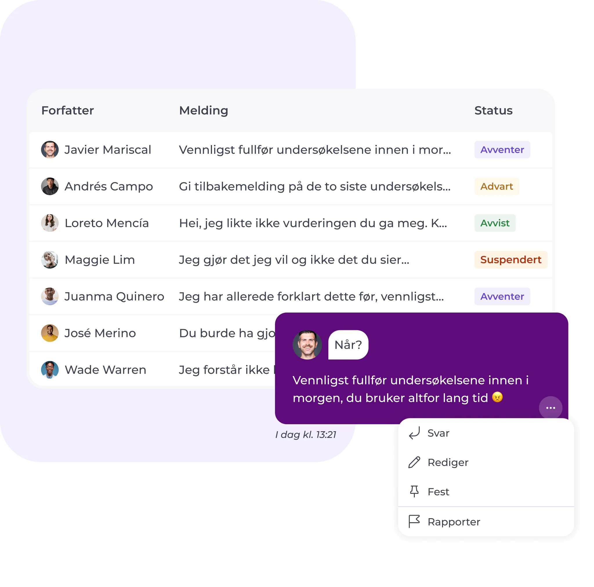En tabell med forfattere, meldinger og statuser, samt et chat-vindu med et profilbilde som viser en påminnelse om en undersøkelse og alternativer for å svare, redigere, se detaljer eller rapportere.