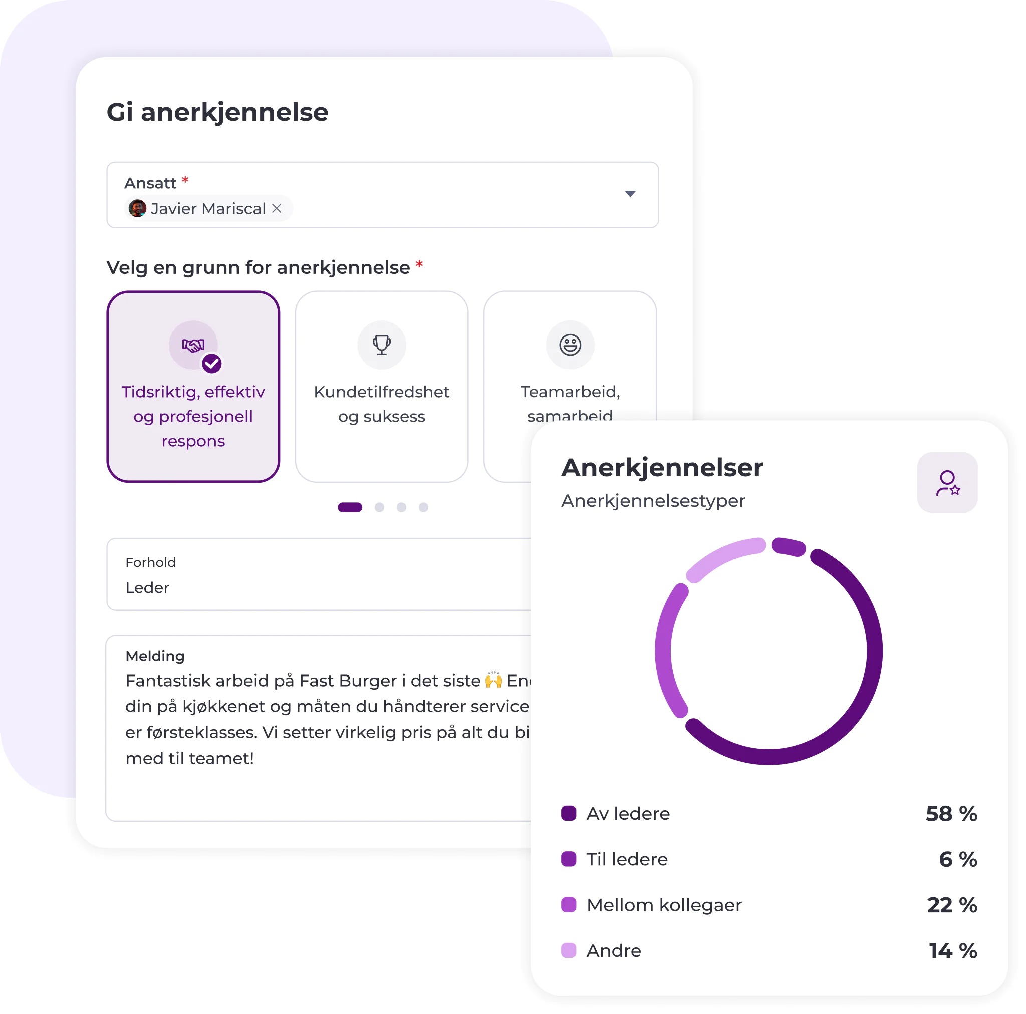 Et oversiktsbilde viser anerkjennelse av ansatte, med valgte begrunnelser og et diagram som viser typer anerkjennelse: 58 % fra ledere, 16 % fra ledere og kolleger, 14 % mellom kolleger, 12 % annet.