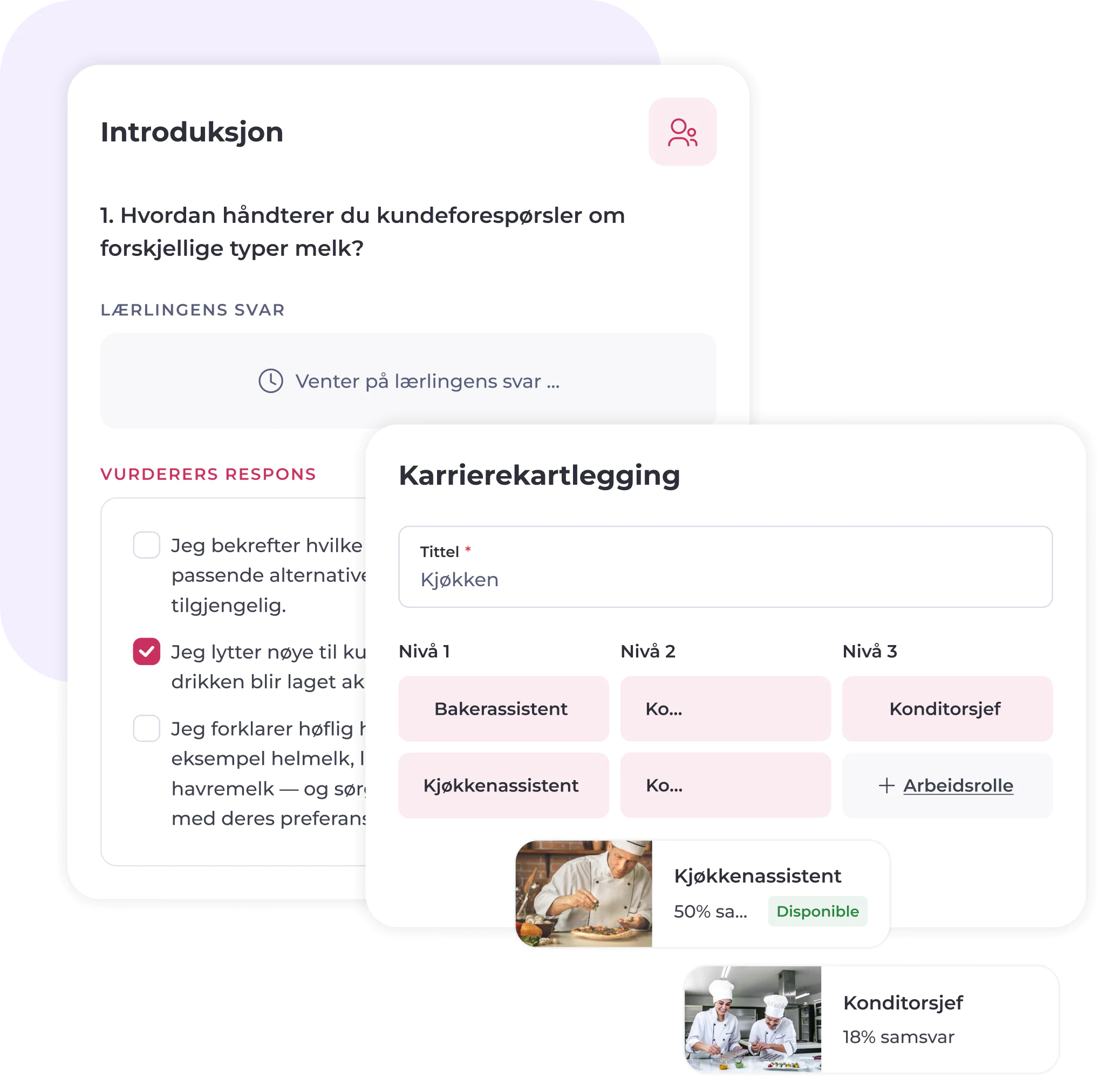 Et norsk brukergrensesnitt med spørsmål til kundeservice, evaluering av svar og en seksjon for karriereplanlegging, som inkluderer stillinger, utviklingsnivåer og profilbilder.
