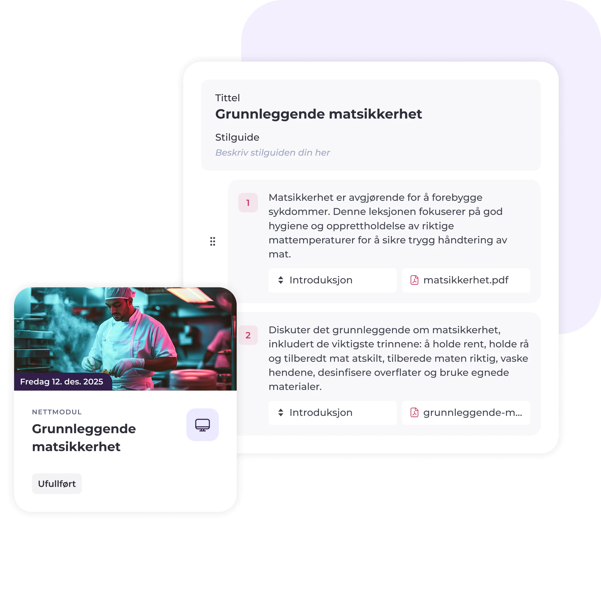 En digital læringsplattform viser et kurs i mattrygghet. Grensesnittet viser en kokk i full sving, kursdetaljer, moduler med beskrivelser samt knapper for introduksjon og nedlastbare PDF-filer.