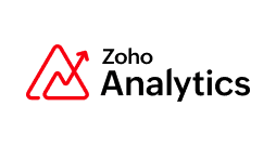 The Zoho Analytics logo features a red line graph with an upward arrow next to the words Zoho Analytics in black text on a light grey background.