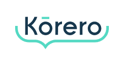 The image displays the word Kōrero in bold, dark blue text with a teal macron over the o and a teal bracket-like line curving below the entire word. The background is light grey.