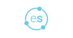 Light blue lowercase letters “es” are surrounded by a circular line with three dots, resembling an abstract atomic or molecular structure, on a light grey background.