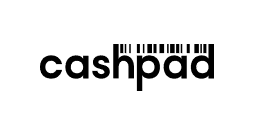 The image shows the word cashpad in lowercase black letters on a light background. The top of the letters h, p, a, and d resemble vertical barcode lines.