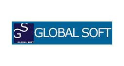 Logo for Global Soft. The left side features a dark blue square with the white letters GS stacked. To the right, GLOBAL SOFT is written in bold white text on a blue background.