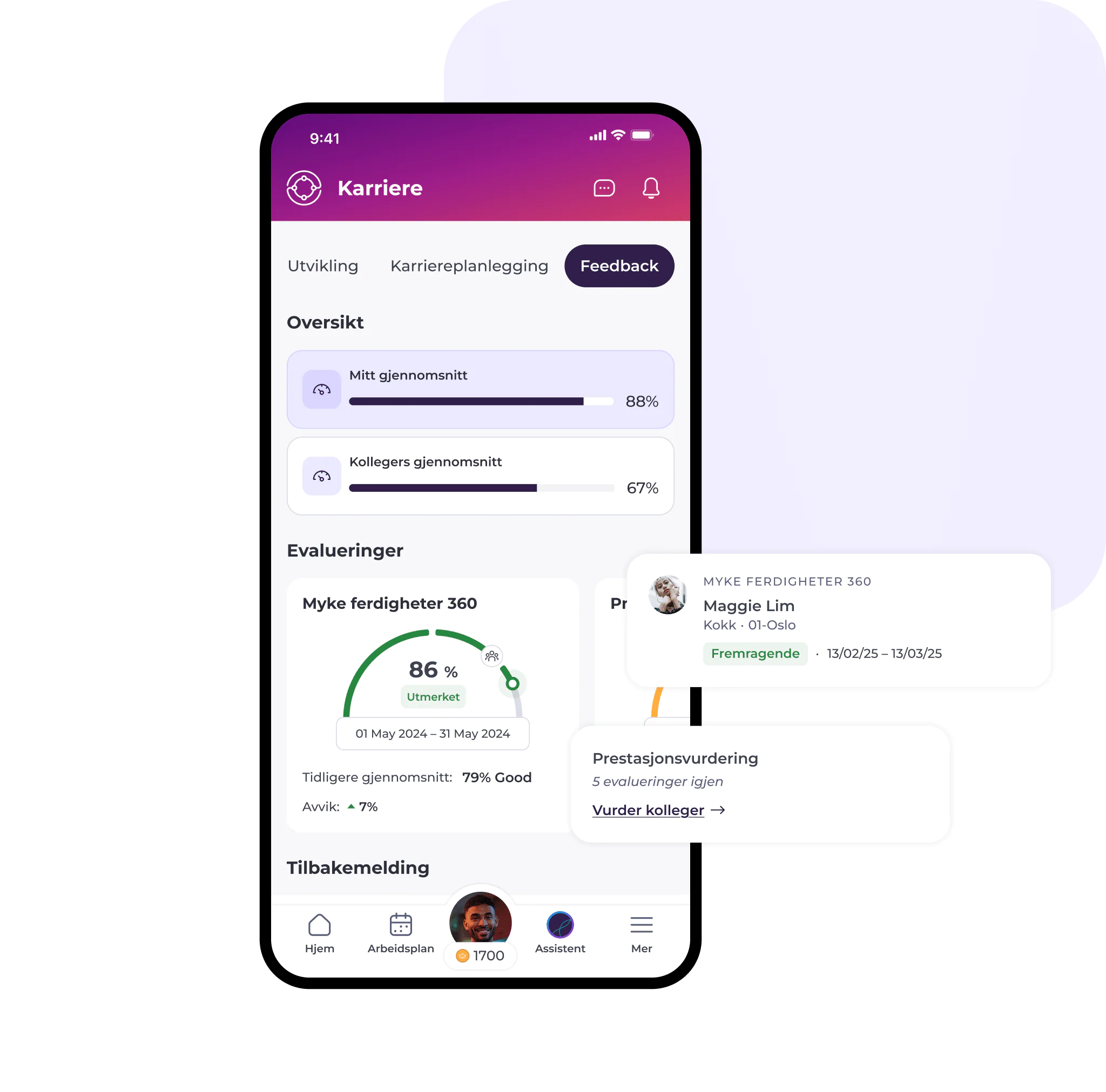En smarttelefon viser en karriereevalueringsapp på norsk, med fremdriftsindikatorer, en poengsum på 86 %, tilbakemeldinger fra brukeren, evalueringsdatoer samt muligheter for tilbakemelding og kollegavurdering.