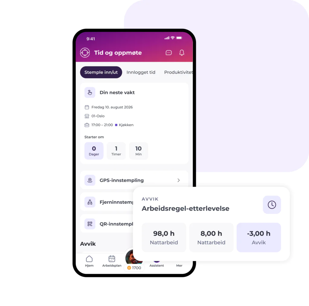 Skjermen i en mobilapp viser detaljer om arbeidsplanen, GPS- og fjerninnsjekkingsalternativer samt en oversikt over arbeidede timer, inkludert nattskift og avvik merket «Arbeidsregel-etterlevelse».