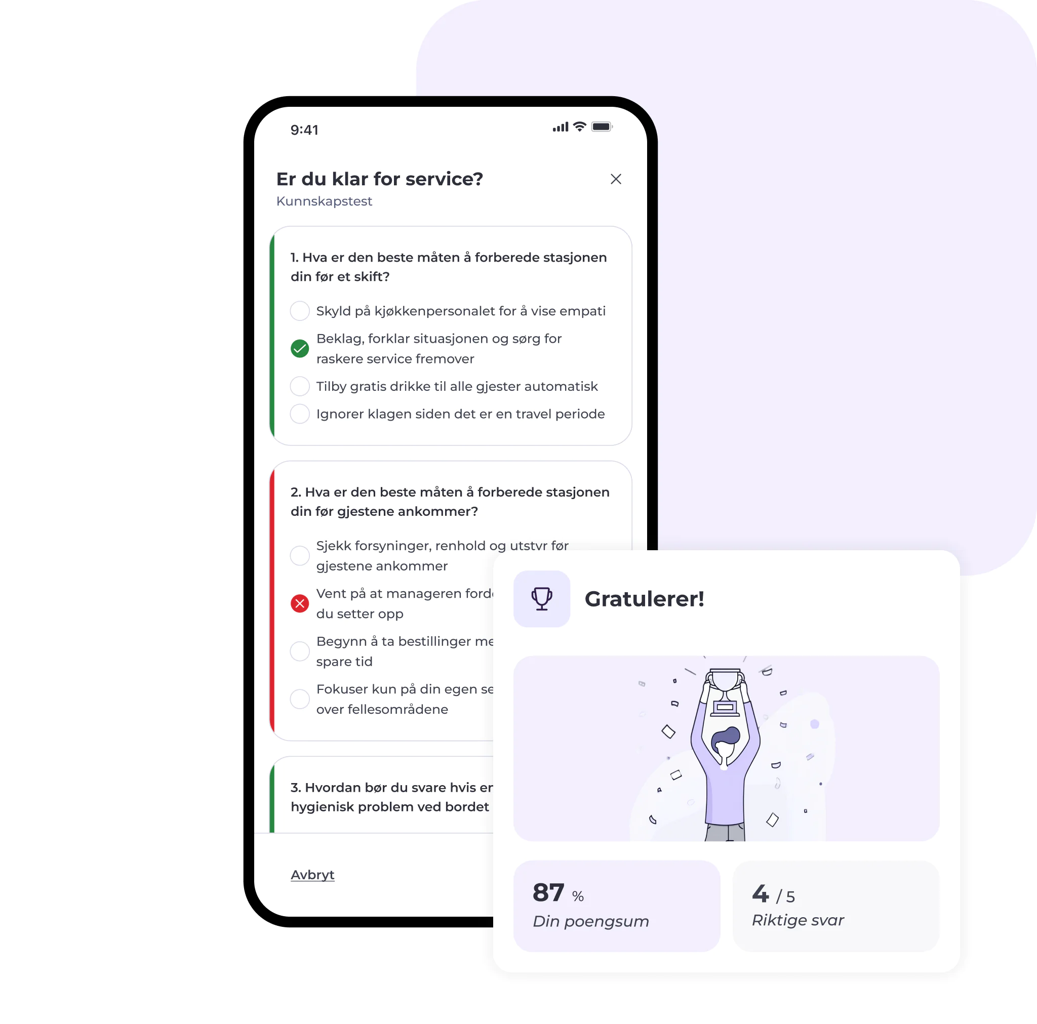 På en telefonskjerm vises en norsk quiz om service, der svarene er merket som riktige eller feil. I et popup-vindu vises en gratulasjonsmelding, en pokal, en poengsum på 87 % og 4 av 5 riktige svar.