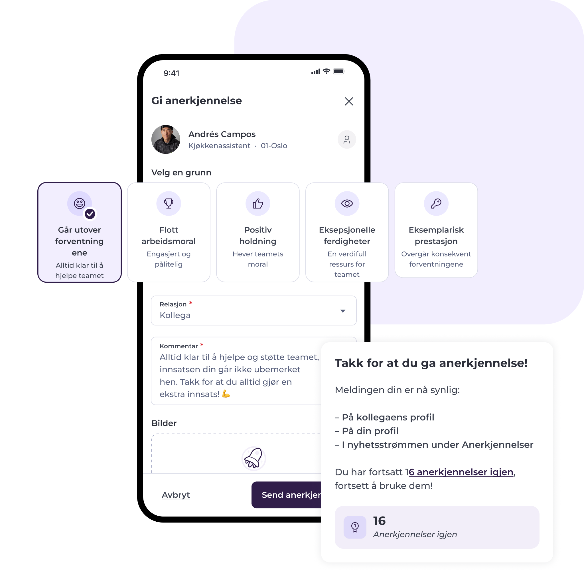 En skjerm i en mobilapp for å gi anerkjennelse til kolleger, som viser ulike merkealternativer, et kommentarfelt og en melding som bekrefter at anerkjennelsen er sendt.