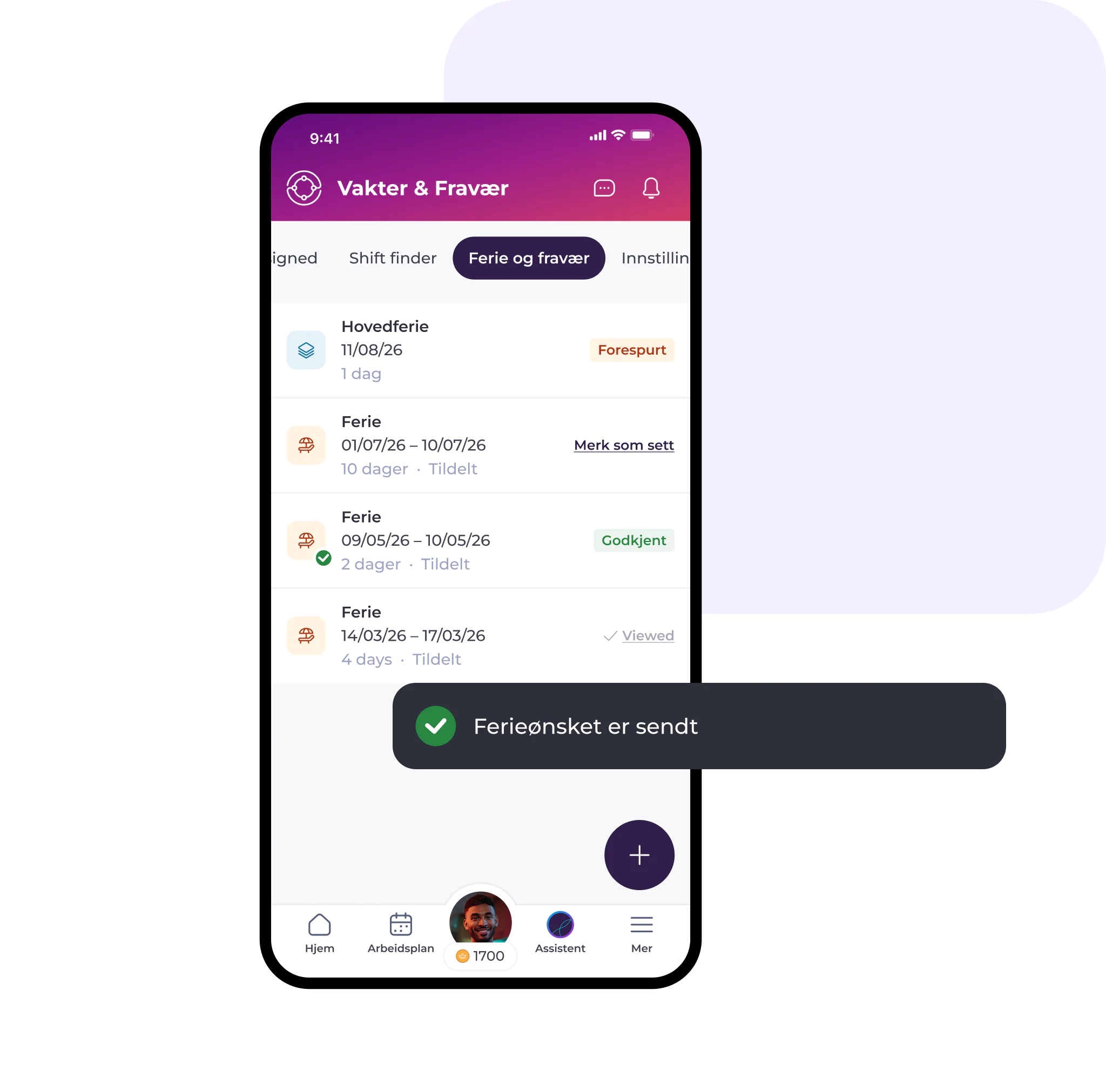 Skjermen på en smarttelefon viser en app for ferie- og fraværsadministrasjon på norsk, med oppføringer for kommende feriedager og en bekreftelsesmelding som lyder: «Ferieønsket er sendt».