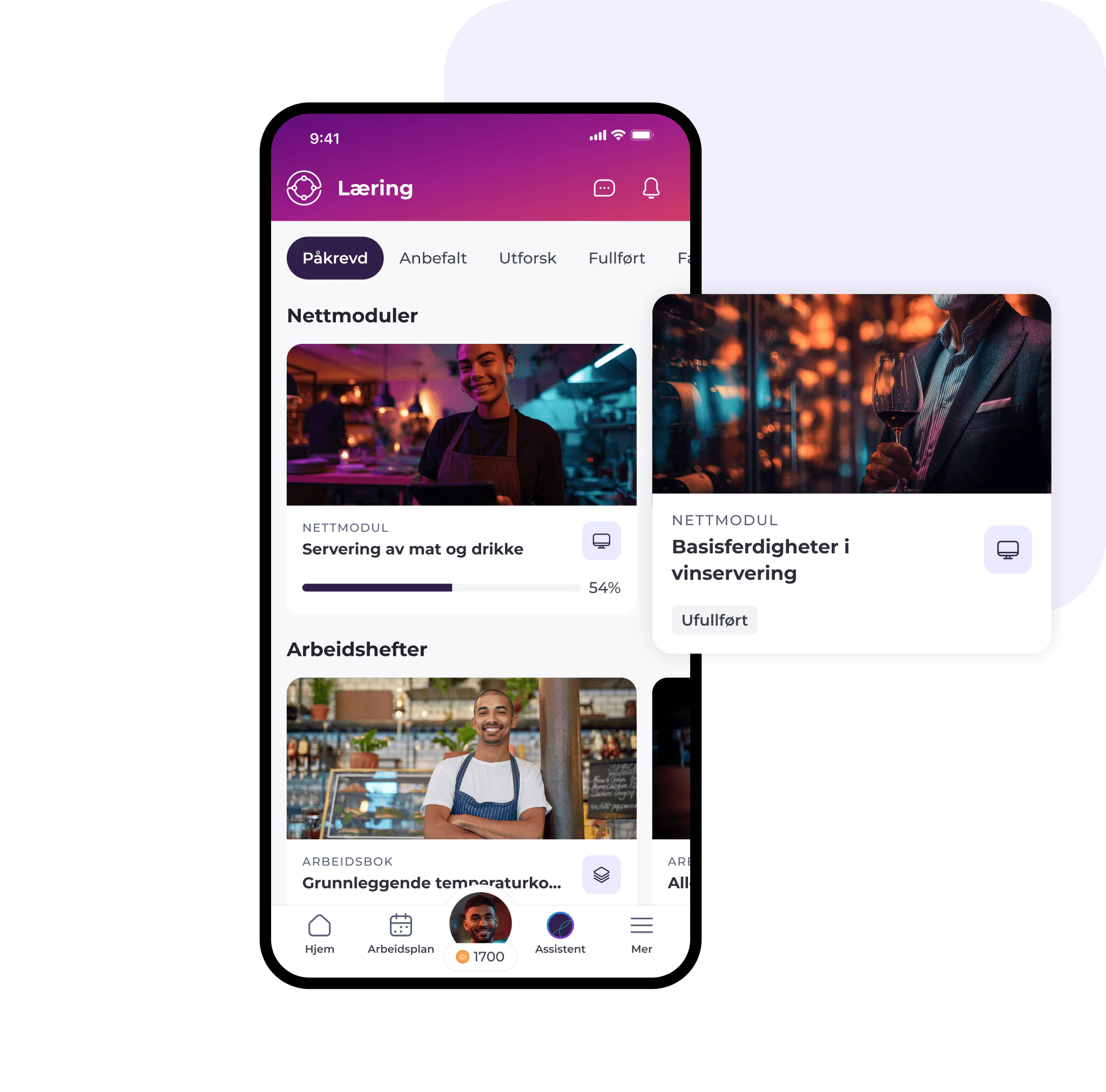 Skjermen på en smarttelefon viser en læringsapp på norsk, som viser fremdriften i modulene om mat og drikke med bilder av personer som serverer eller holder drinker i restaurantmiljøer.