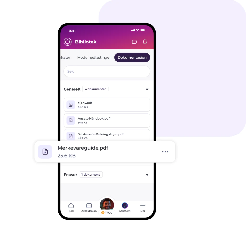 En smarttelefon viser skjermbildet til en biblioteksapp med en lilla topptekst, som viser en liste over PDF-dokumenter, blant annet «Merkevareguide.pdf» som er uthevet med størrelsen 25,6 KB. Brukerprofilen og navigasjonsikonene vises nederst på skjermen.