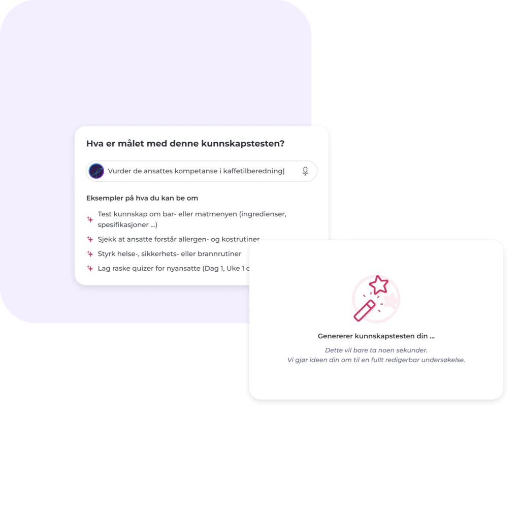 To hvite kort som overlapper hverandre, med norsk tekst. Det venstre kortet viser en liste med eksempler til en kunnskapstest, mens det høyre kortet viser et tryllestav-ikon og en lastetekst om å generere en kunnskapstest.