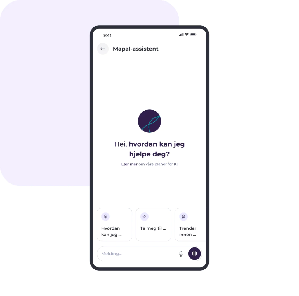 På smarttelefonskjermen vises appen «Mapal-assistent» med en hilsen på norsk og alternativer for hjelpeemner under et sentralt assistentikon.