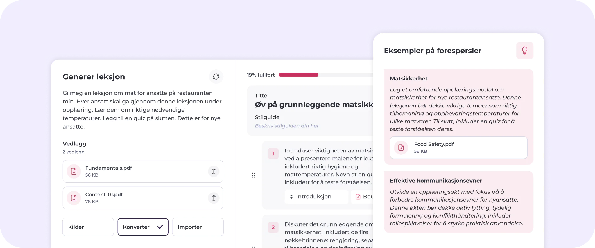 Et digitalt oversiktspanel på norsk viser opprettelse av leksjoner, vedlegg, fremdriftsindikator og eksempler på forespørsler knyttet til opplæring av restaurantpersonale. Det er dokumentikoner og rosa uthevinger.