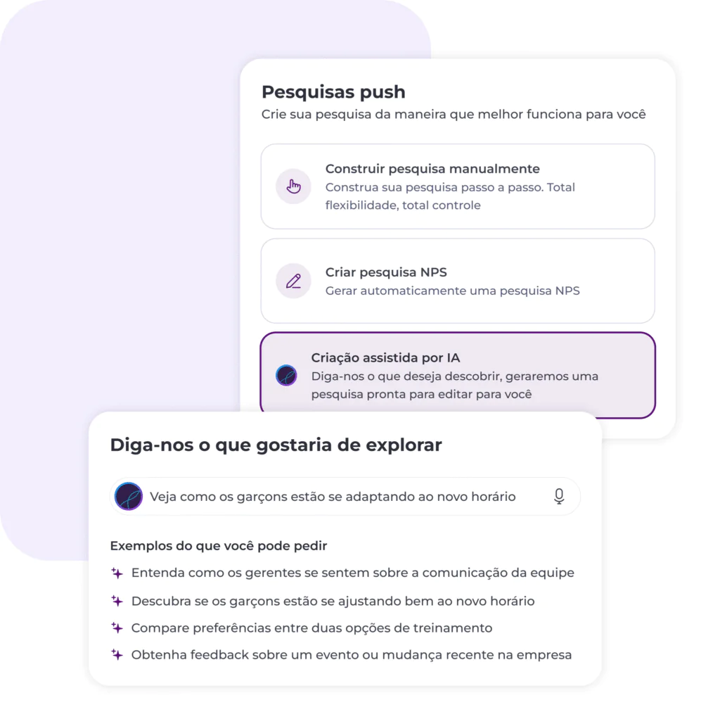 Interface em português que apresenta opções para inquéritos push: criação manual, inquérito NPS e criação assistida por IA. Abaixo, um campo para sugerir perguntas e exemplos de possíveis interações.