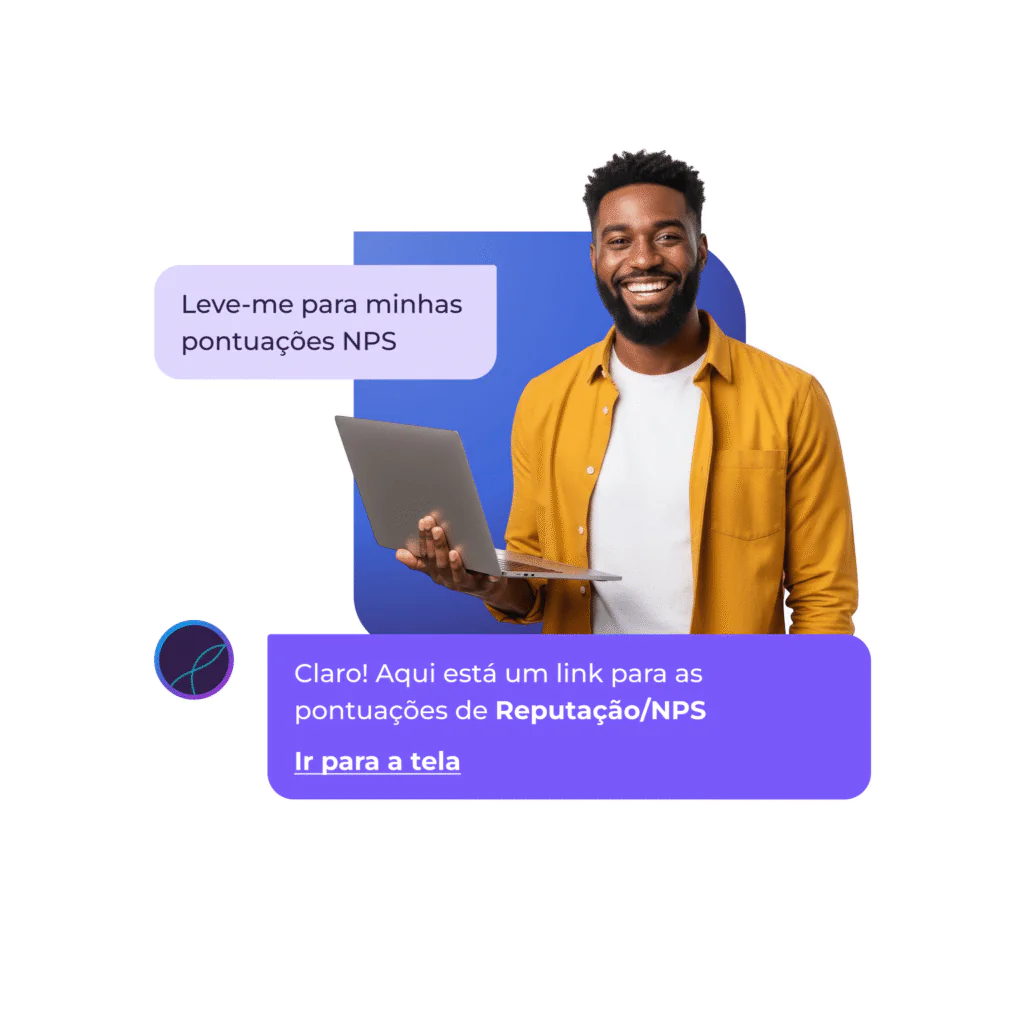 Um homem sorridente, com um portátil nas mãos, está ao lado de dois balões de diálogo em português que abordam os índices NPS, sendo que um dos balões apresenta um link para os índices de reputação/NPS.