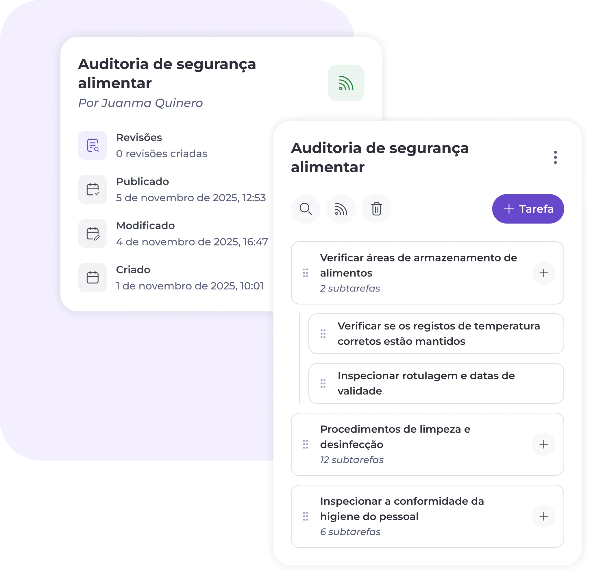 Duas placas de interface digital sobrepostas apresentam uma lista de verificação para auditorias de segurança alimentar em português, incluindo tarefas como verificações de armazenamento e análises de registos de temperatura, com ícones e datas que indicam o estado de publicação e de modificação.