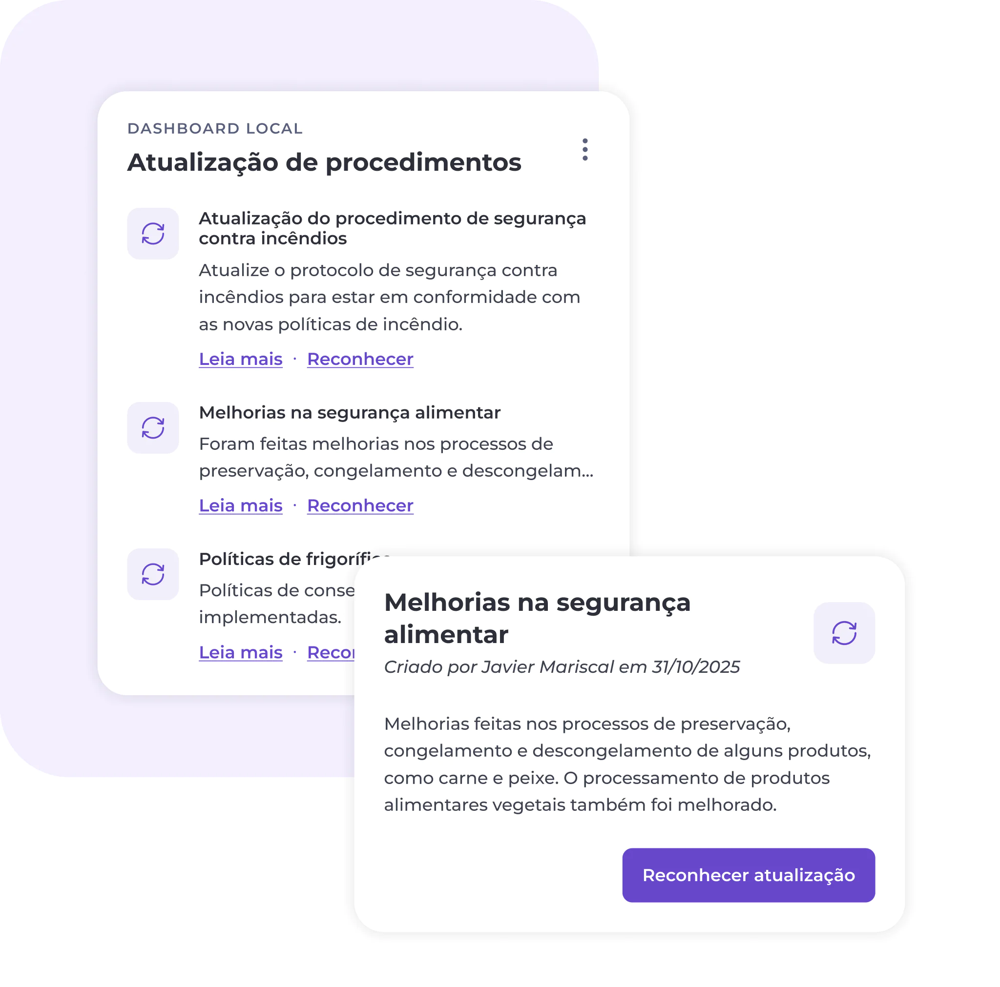 Uma interface de painel de controlo em português apresenta atualizações sobre procedimentos, incluindo segurança contra incêndios e segurança alimentar, com breves descrições e opções para ler mais ou ver as atualizações. O design apresenta cartões arredondados num fundo claro.