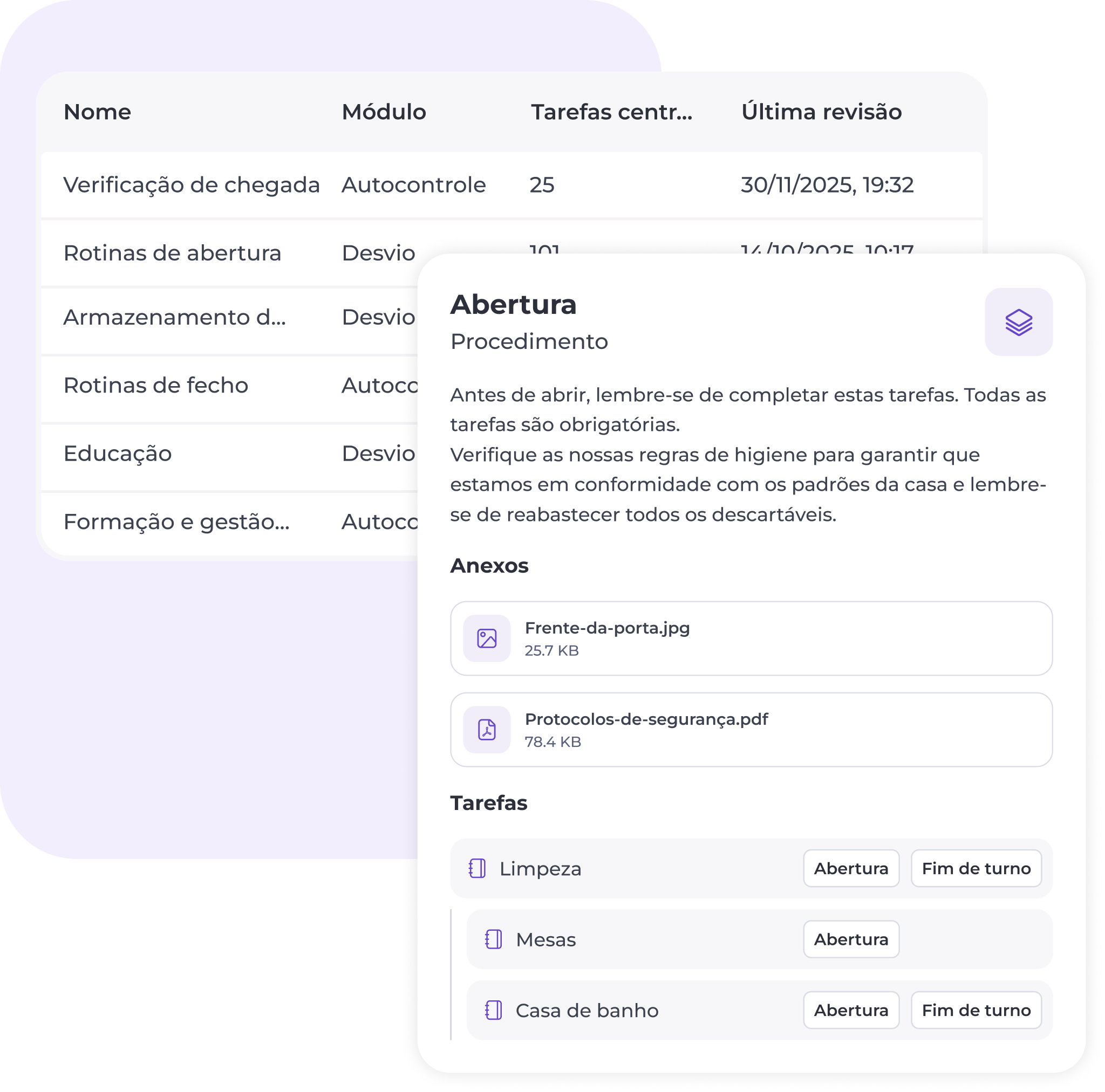 Uma interface digital apresenta uma lista de verificação para a conclusão de tarefas centrais, com módulos, prazos e ficheiros anexados. A secção destacada centra-se nos procedimentos da Abertura, enumerando os passos e os documentos relacionados — tudo perfeitamente integrado num software de gestão da conformidade para restaurantes, com vista a uma melhor organização e cumprimento das normas.