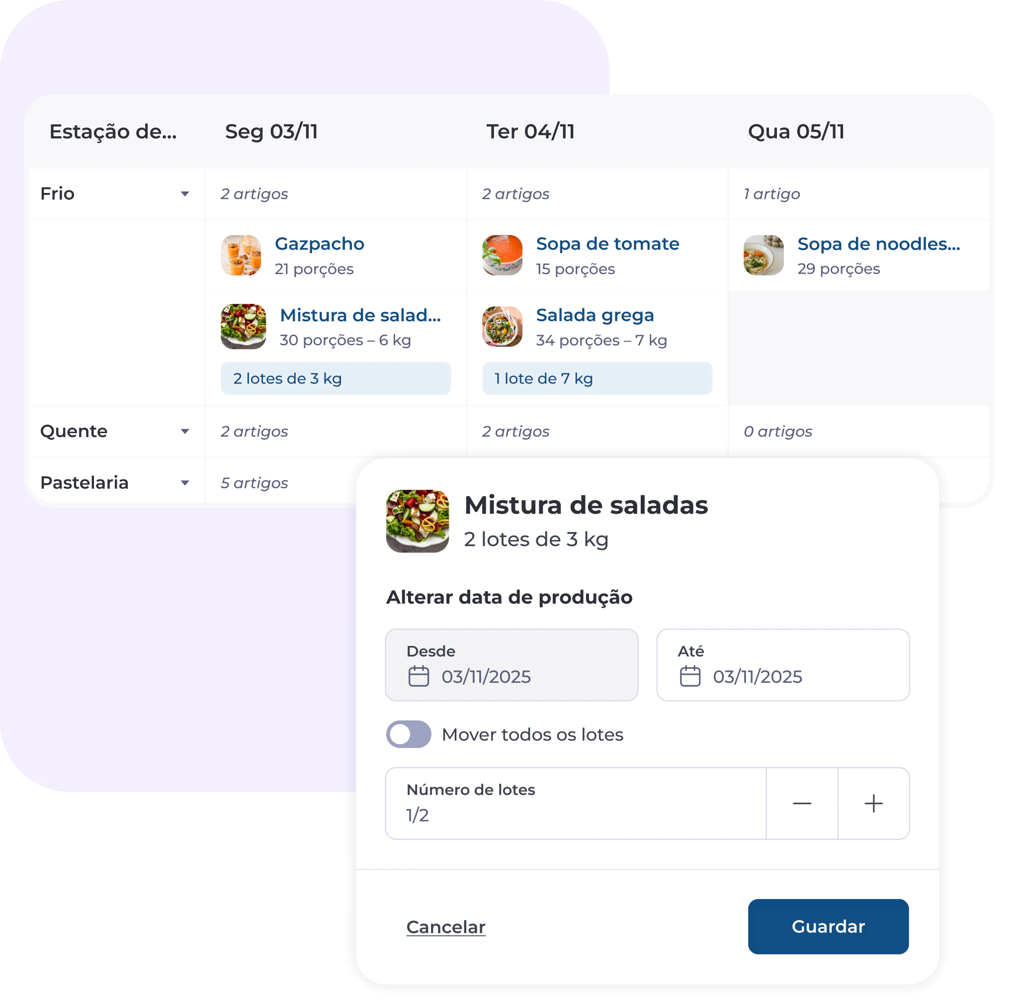 Uma interface digital de planeamento de refeições apresenta um menu semanal com pratos e porções. Uma janela pop-up permite editar as datas de produção e os números de lote da «Mistura de saladas». As opções para guardar ou cancelar encontram-se abaixo.