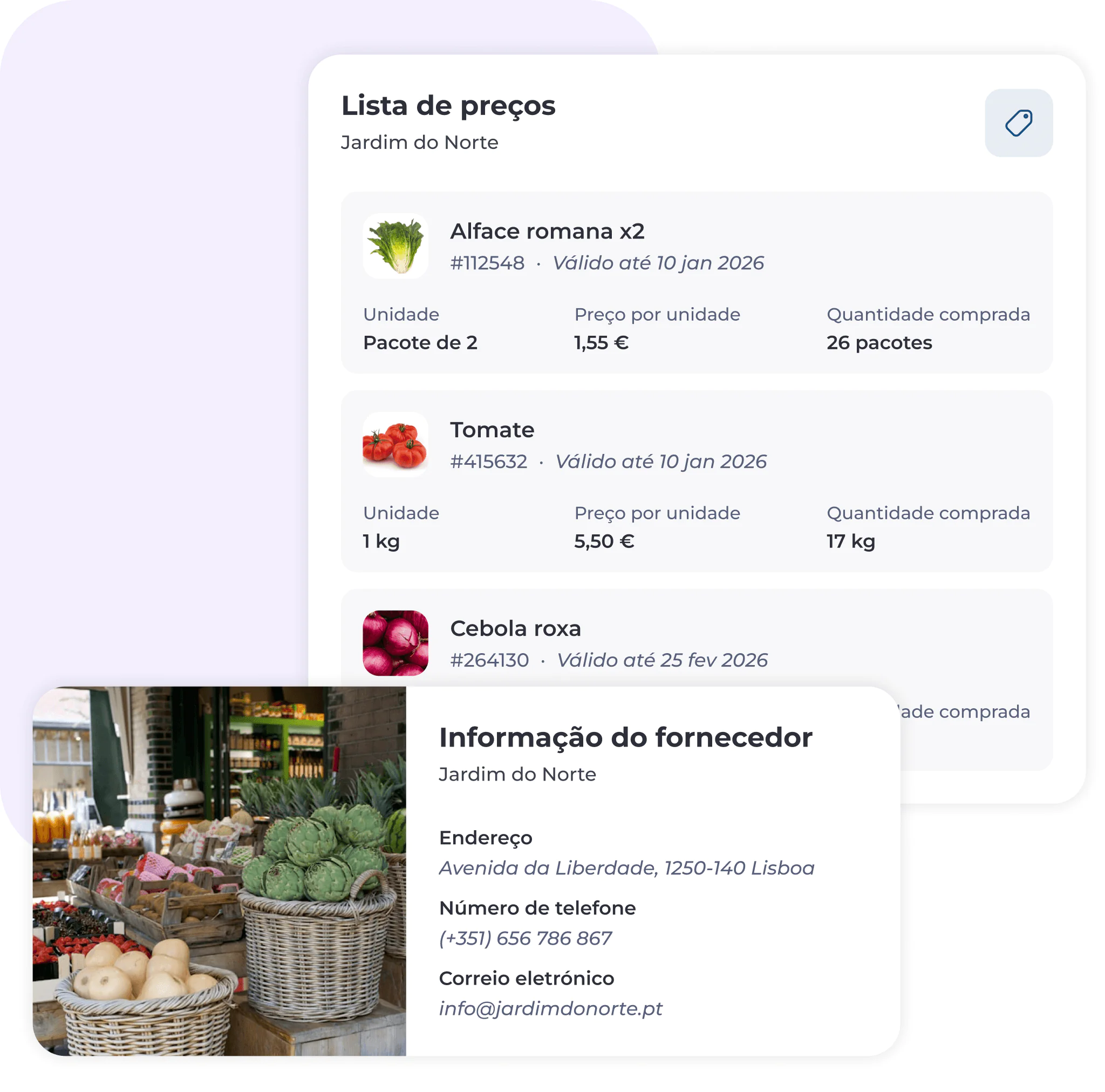 Uma interface digital apresenta uma lista de preços de alface, tomate e cebola roxa, com quantidades e preços. Abaixo, um cartão informativo do fornecedor mostra uma fotografia do mercado de legumes e os dados de contacto do Jardim do Norte, em Lisboa.