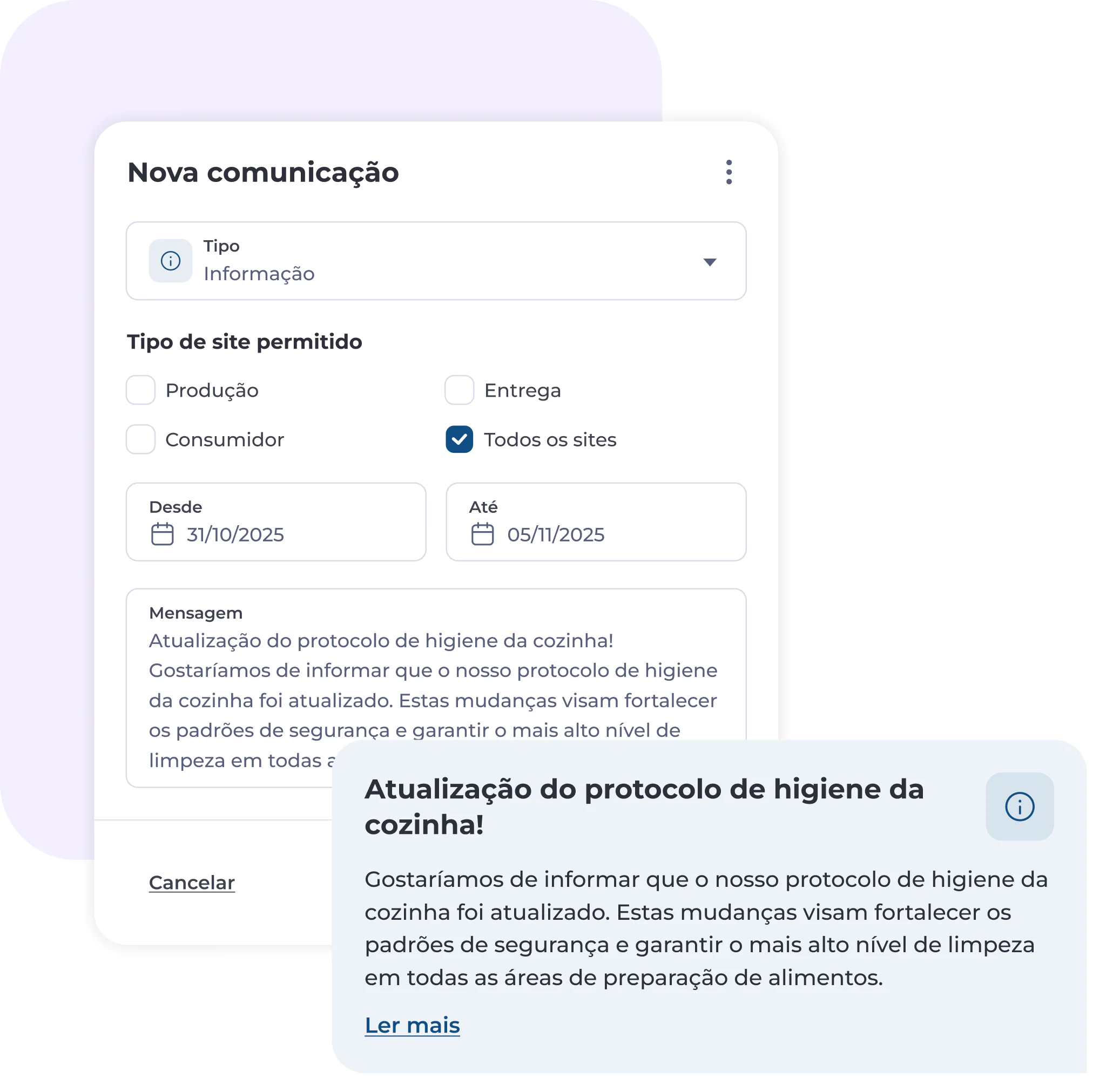 Interface de formulário com campos para definir o tipo, a data e uma mensagem relativa à atualização do protocolo de higiene da cozinha, acompanhada de uma caixa de notificação com informações sobre as novas medidas de segurança e higiene alimentar.