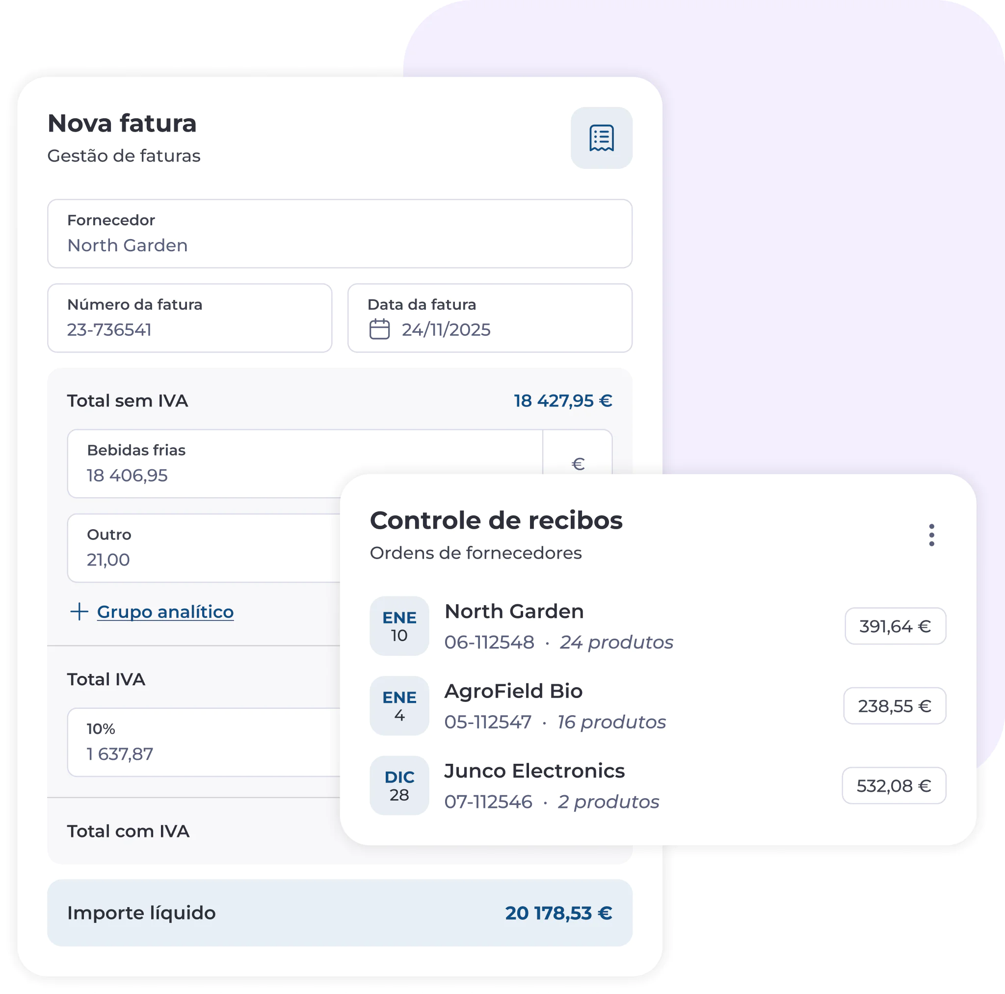 Um painel digital apresenta um novo formulário de fatura e uma lista de controlo de recibos, com detalhes sobre os nomes dos fornecedores, os números das faturas, as datas, as quantidades de produtos e os montantes totais em euros.